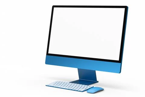 Realistic blue computer screen display with keyboard and mouse isolated on wh Stock Illustration