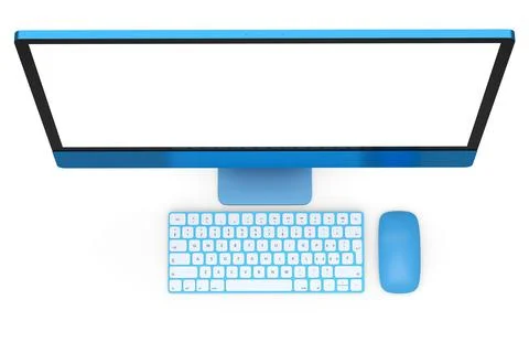 Realistic blue computer screen display with keyboard and mouse isolated on wh Ilustración de archivo