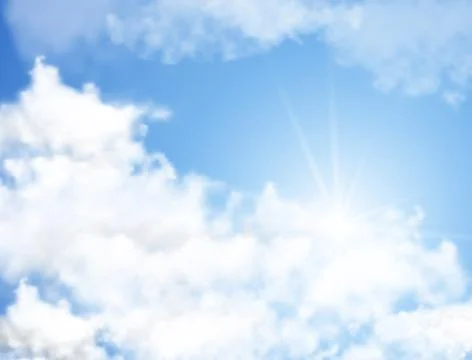 Realistic blue sky with white clouds and sun rays Stock Illustration