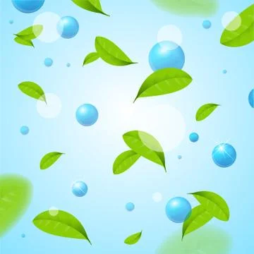 Realistic Blue Sphere or Bubble Elements and Fly Green Leaves Background. Vector Illustrazione stock