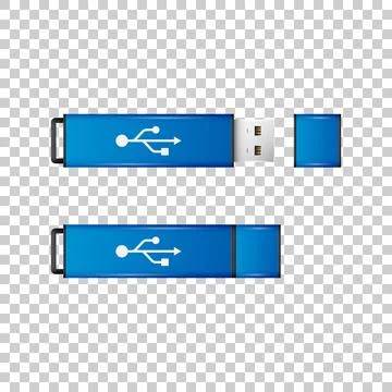 Realistic Blue USB flash drive isolated object on transparent background. Vector Stock Illustration