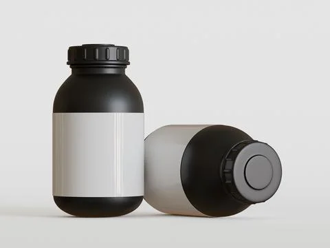 Realistic bottle black color on white label rendering 3D illustration (17) Stock-Illustration