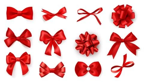 Realistic bow set. Red silk ribbons with bows festive decor satin rose, luxury Stock Illustration
