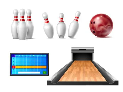 Realistic bowling elements. Challenge sport game equipment, standing and falling イラスト素材