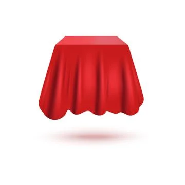 A realistic box or gift is covered with a red pleated fabric curtain. Illustrazione stock