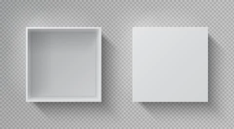 Realistic box top view. Open white package mockup, cardboard closed gift box Stock Illustration