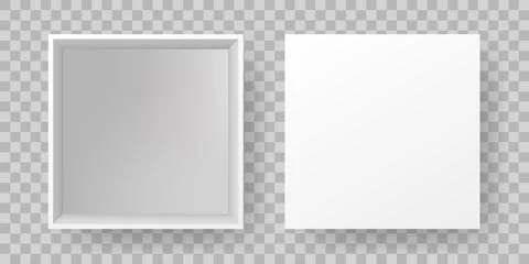 Realistic boxes mockup top view. White open 3d square package, closed blank Stock Illustration