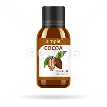 Realistic brown glass bottle with cocoa extract. Beauty and cosmetics oil - Stock Illustration