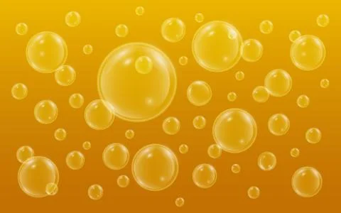 Realistic bubbles with reflection on yellow background. Beer bubbles backgrou Stock Illustration