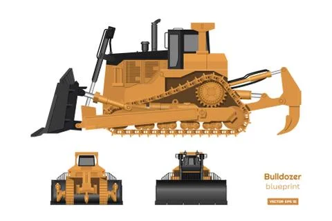 Realistic bulldozer. Front, side, back view of digger. Building machinery Stock Illustration
