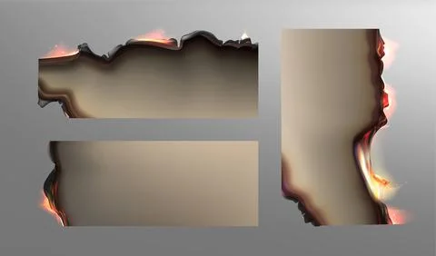 Realistic burned paper sheets with fire and black ash Stock Illustration