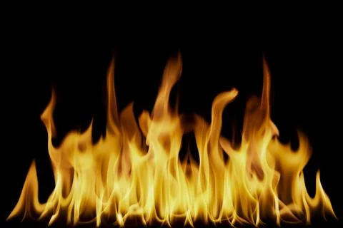 Realistic burning fire flames line isolated on black background Photos