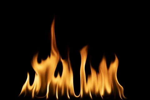 Realistic burning fire flames line isolated on black background Foto stock