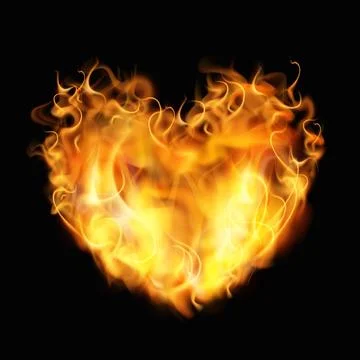 Realistic burning heart-shaped flame with smoke and glow effect. Stock Illustration