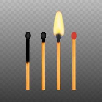 Realistic Burning Match on Transparency Grid Background. Vector stock illustr Stock Illustration