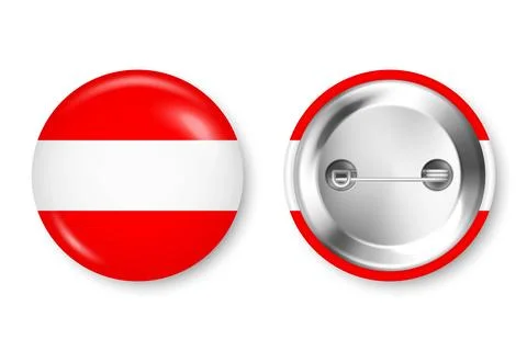 Realistic button badge with printed Austrian flag. Souvenir from Austria. Glossy Stock Illustration