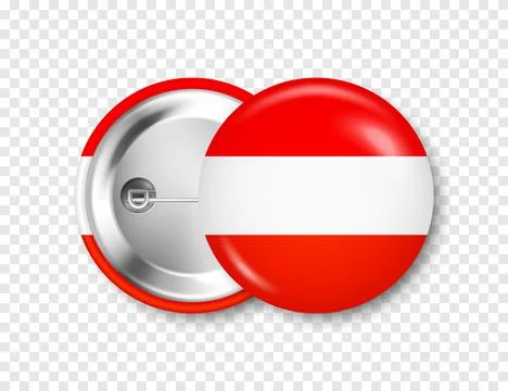 Realistic button badge with printed Austrian flag. Souvenir from Austria. Glossy Stock Illustration