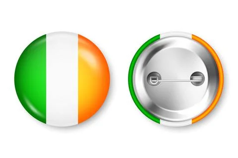 Realistic button badge with printed Irish flag. Souvenir from Ireland. Glossy Stock Illustration