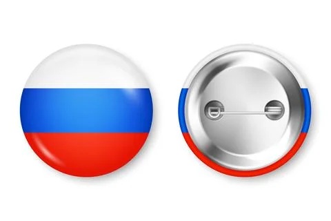 Realistic button badge with printed Russian flag. Souvenir from Russia. Glossy Stock Illustration