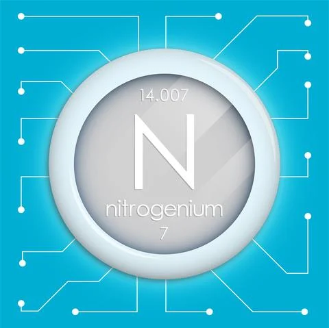 Realistic button with nitrogen symbol. Chemical element is nitrogen. Vector i Stock Illustration