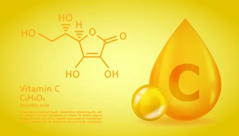 Realistic C Ascorbic acid Vitamin drop with structural chemical formula. 3D Stock Illustration