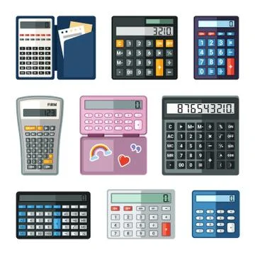 Realistic calculators set. Educational math with notes in case shopping large Illustrazione stock