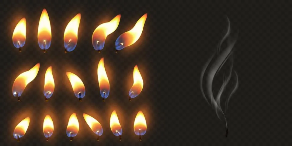 Realistic candle fire flames, vector set of 3D flare and smoke texture on Illustrazione stock