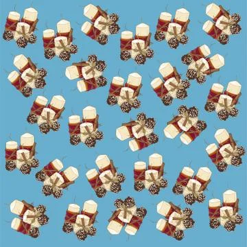 Realistic candle with pine cones and cinnamon sticks seamless pattern template Stock Illustration