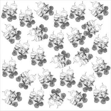 Realistic candle with pine cones, cinnamon sticks pattern in black and white Stock Illustration