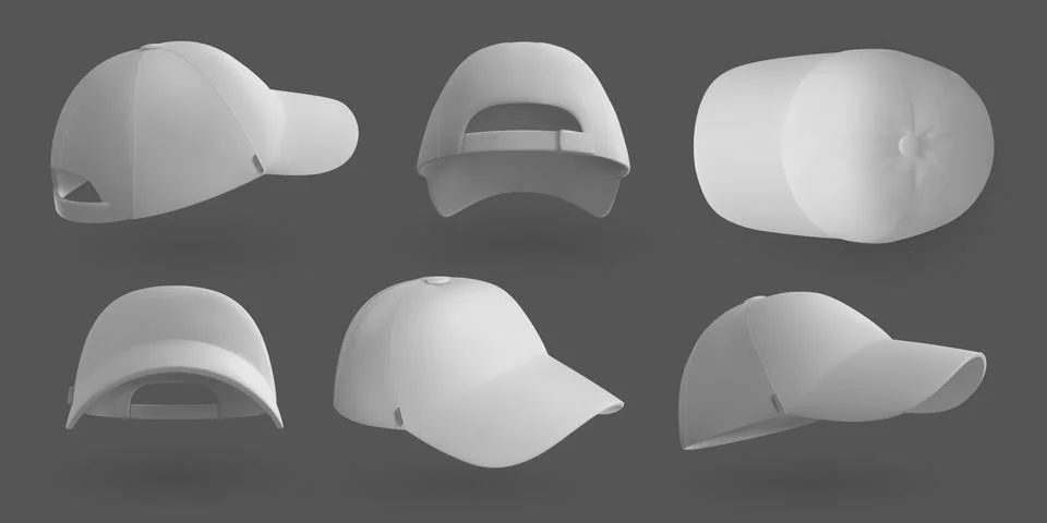 Realistic cap. White 3d baseball hat mockup template, blank clothing design for Stock Illustration