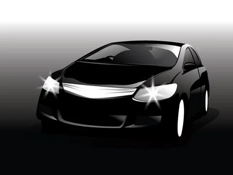 Realistic car front view in the dark, Black car silhouette Stock Illustration