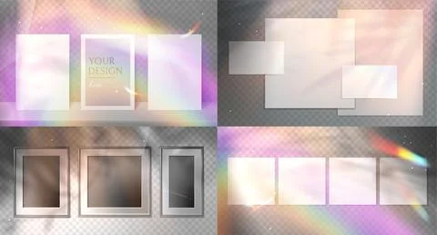 Realistic card, frame or paper sheets mockup with overlay rainbow flare effect Stock Illustration