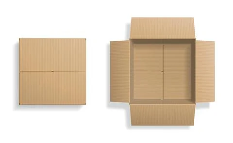 Realistic cardboard box set, opened and closed top view Stock Illustration