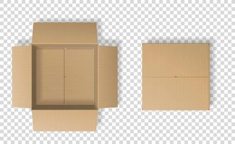 Realistic cardboard box set, opened and closed top view Illustrazione stock