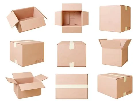 Realistic cardboard boxes. Craft box for parcel or moving things. Side front top Illustrazione stock