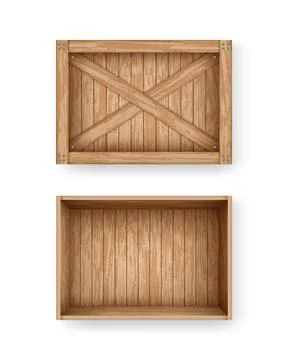 Realistic cargo boxes mockup template illustration. Empty wooden box crate made Illustrazione stock