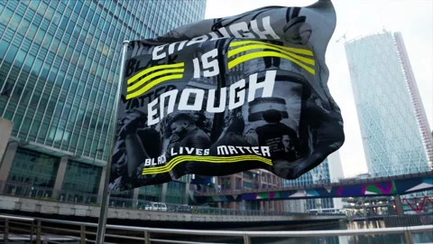A Realistic CGI flag flying enough is enough title static in city Stock Footage 155233368