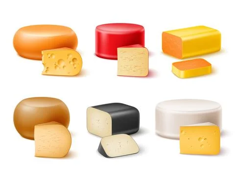 Realistic cheese. Different varieties cheeses, whole circles, blocks and pieces Stock Illustration