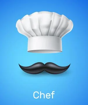 Realistic chef hat and mustache. 3D isolated elements, cafe and restaurant Stock Illustration