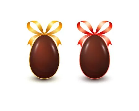 Realistic chocolate Easter eggs with bow knot and ribbons on white background. Stock Illustration