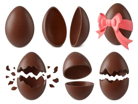 Realistic chocolate eggs, broken candy egg. Easter surprise, kinder sweet Stock Illustration