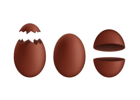 Realistic chocolate eggs set. Broken, exploded eggshell. Good for Easter desi Stock Illustration