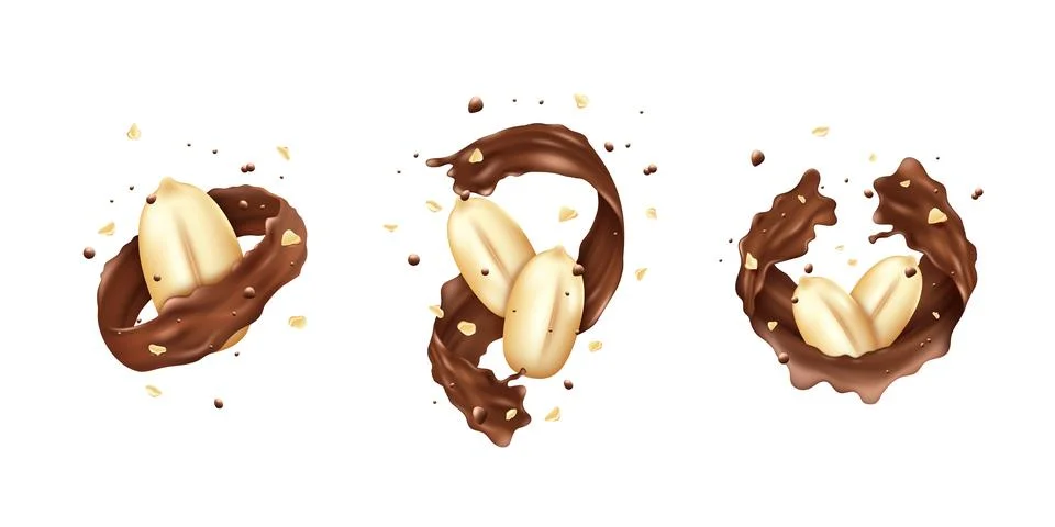 Realistic chocolate splash with peanuts. 3D sweet nuts. Milk swirl for package Stock Illustration