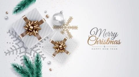 Realistic Christmas background with pine branches, gifts, ribbons,  ornaments Stock Illustration