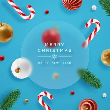 Realistic Christmas decor with pine branches, candy canes, christmas balls... Stock Illustration