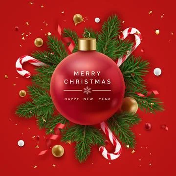 Realistic Christmas decor with pine branches, confetti, candy canes and chr.. Stock Illustration