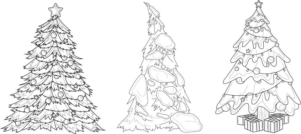 Realistic Christmas New Year tree with decorations, presents and snow sketch Stock Illustration