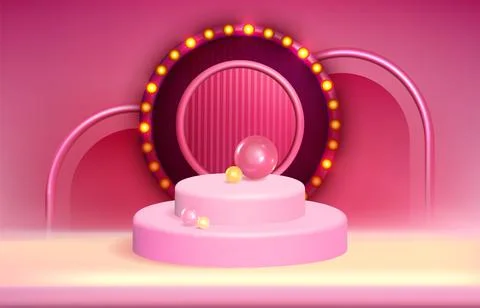 Realistic circle stage with round frame and glowing light bulbs Stock Illustration