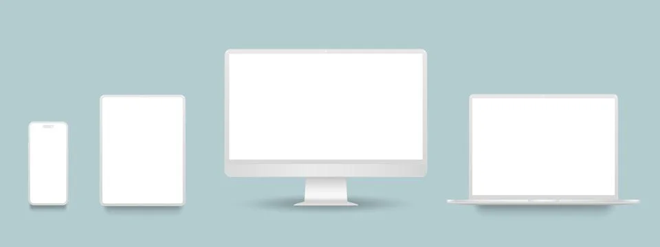 Realistic clay electronic device set, pc screen, laptop computer, pad and sma Illustrazione stock