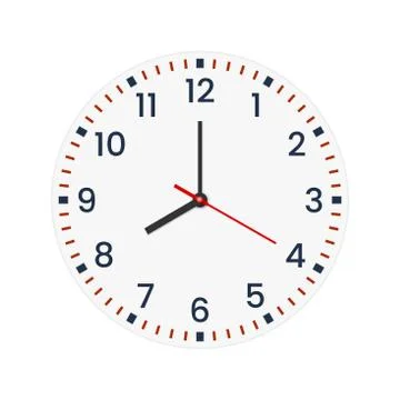 Realistic clock face with minute, hour numbers and second hand. Red center Stock Illustration